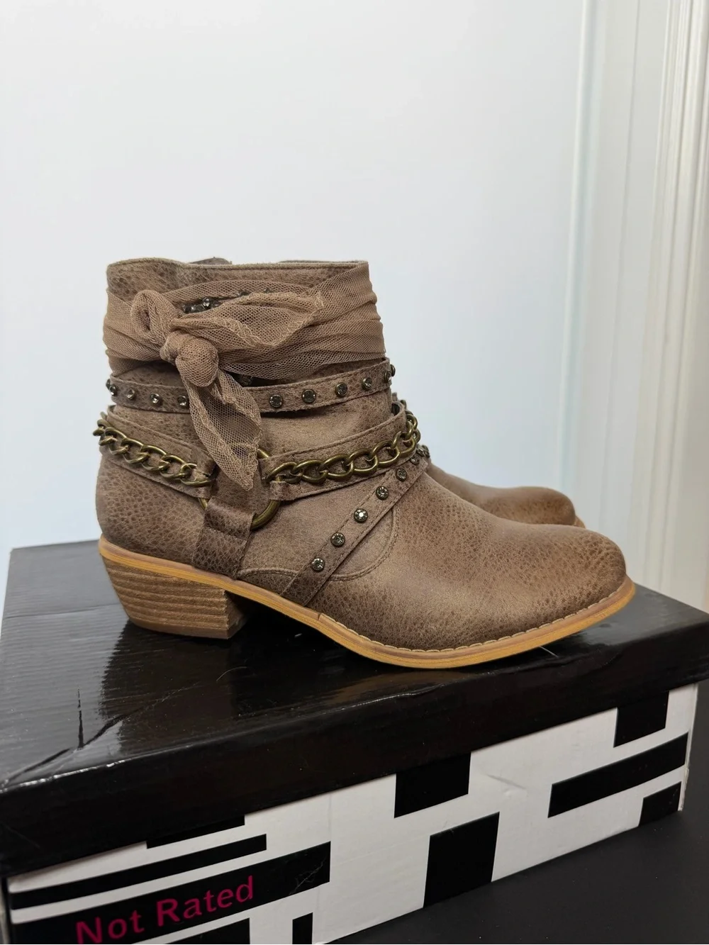 Not Rated Taupe Embellished Ankle Boots with Chain and Bow
